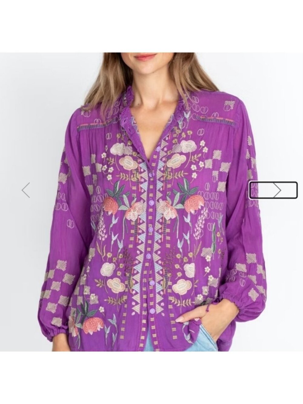Johnny Was Purple Embroidered Floral Button-Up Blouse Small Oversized Boho Gypsy